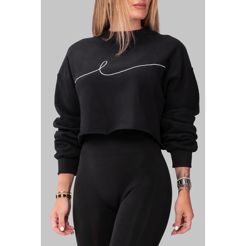 By Egreis Bye Cropped Black Hooded Sweatshirt Small Long Sleeve Cozy Logo Front